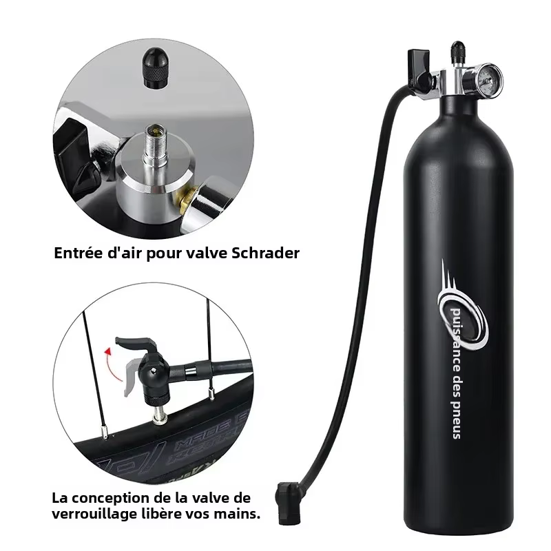 Pompe à vélo 1,3 L pour pneus tubeless/tubelessless, pression max. 200 PSI, compatible avec les valves Presta et Schrader pour vélos de route et VTT