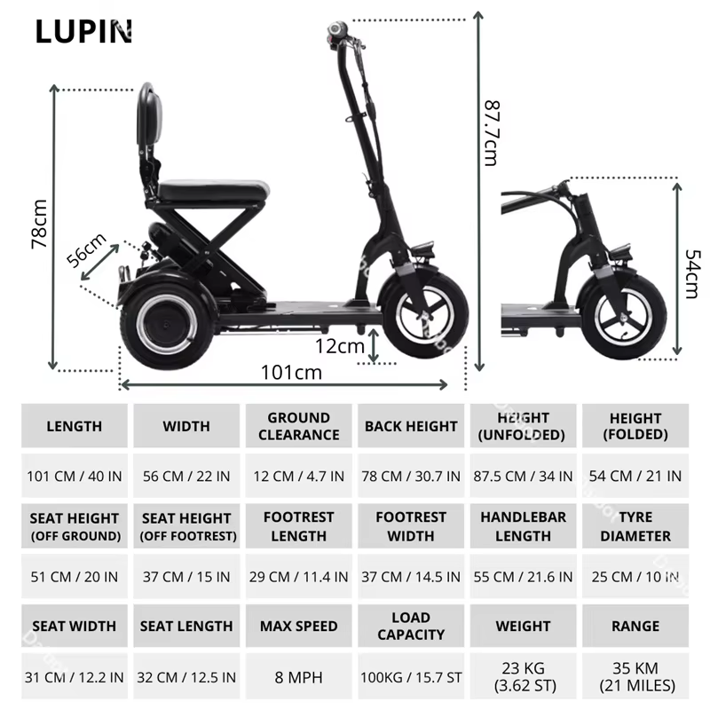 Trottinette de mobilité pliante légère à 3 roues pour personnes âgées avec dossier pliable/support de sac 300w Tricycle électrique voiture adultes
