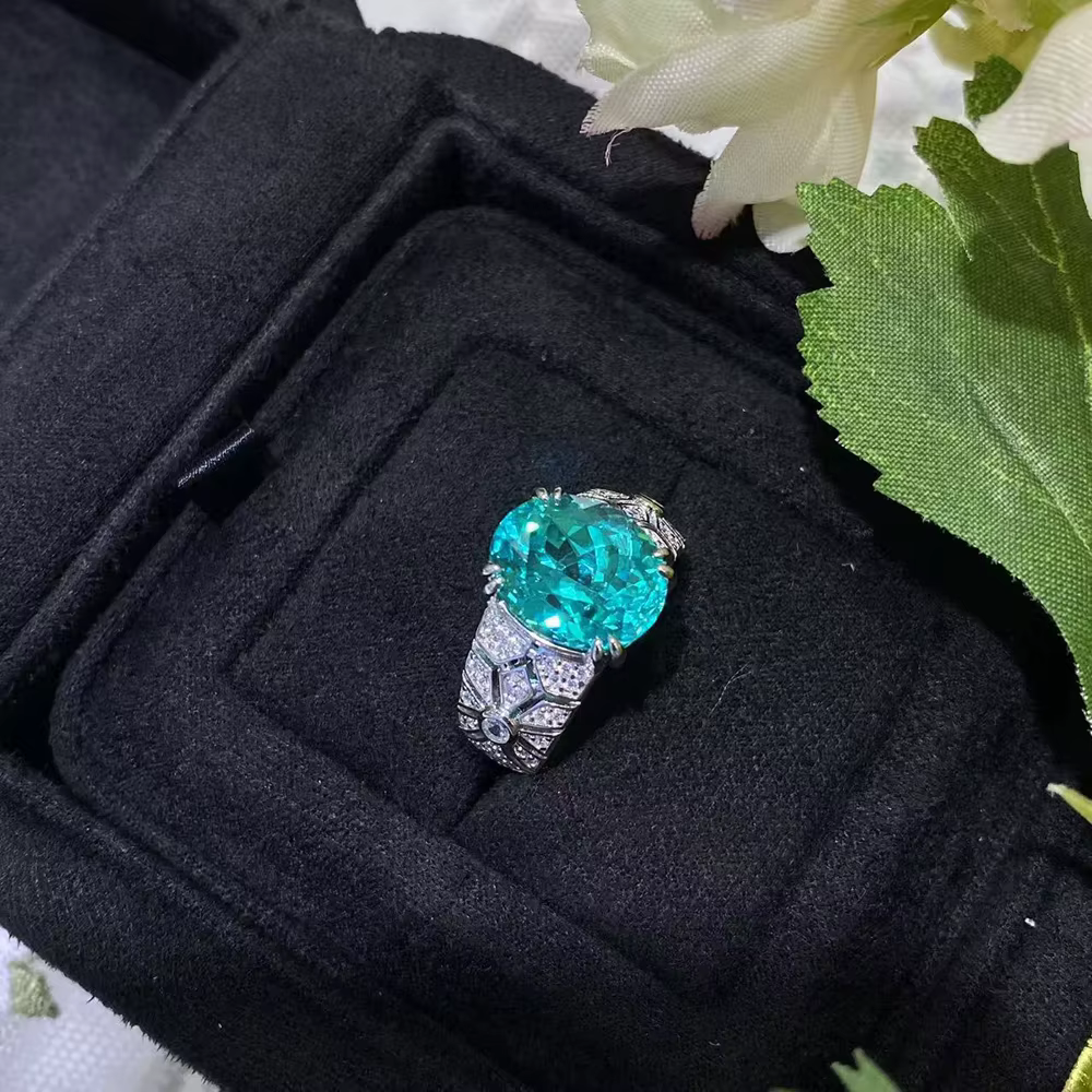 Vinregem – bague de cocktail en argent sterling 925 pour femmes, coupe ovale, tourmaline Paraiba, diamants à haute teneur en carbone, bijoux fins