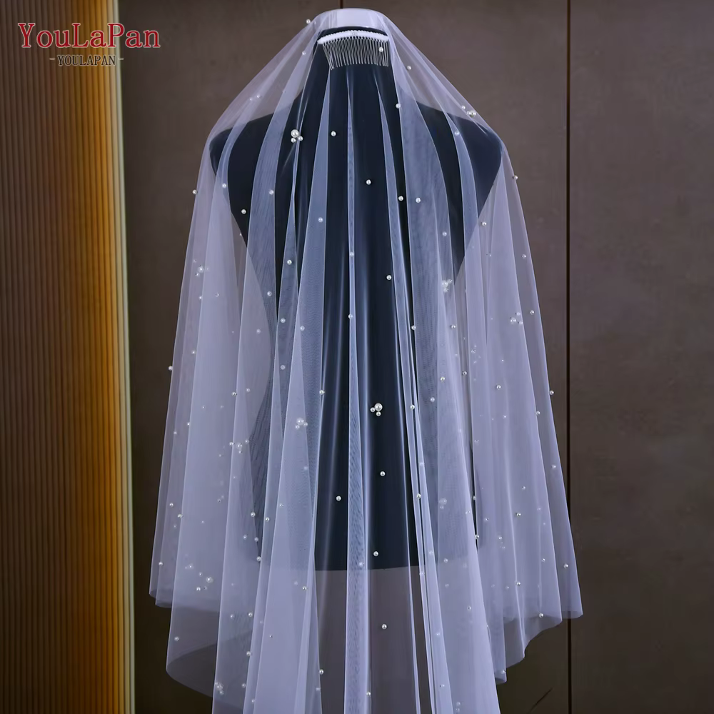 Voiles de mariée YouLaPan, voile de mariée en perles Voie Lactée couvrant le devant et le dos, fascinateur de mariée pour mariages, voile à 2 niveaux avec perles mélangées V186