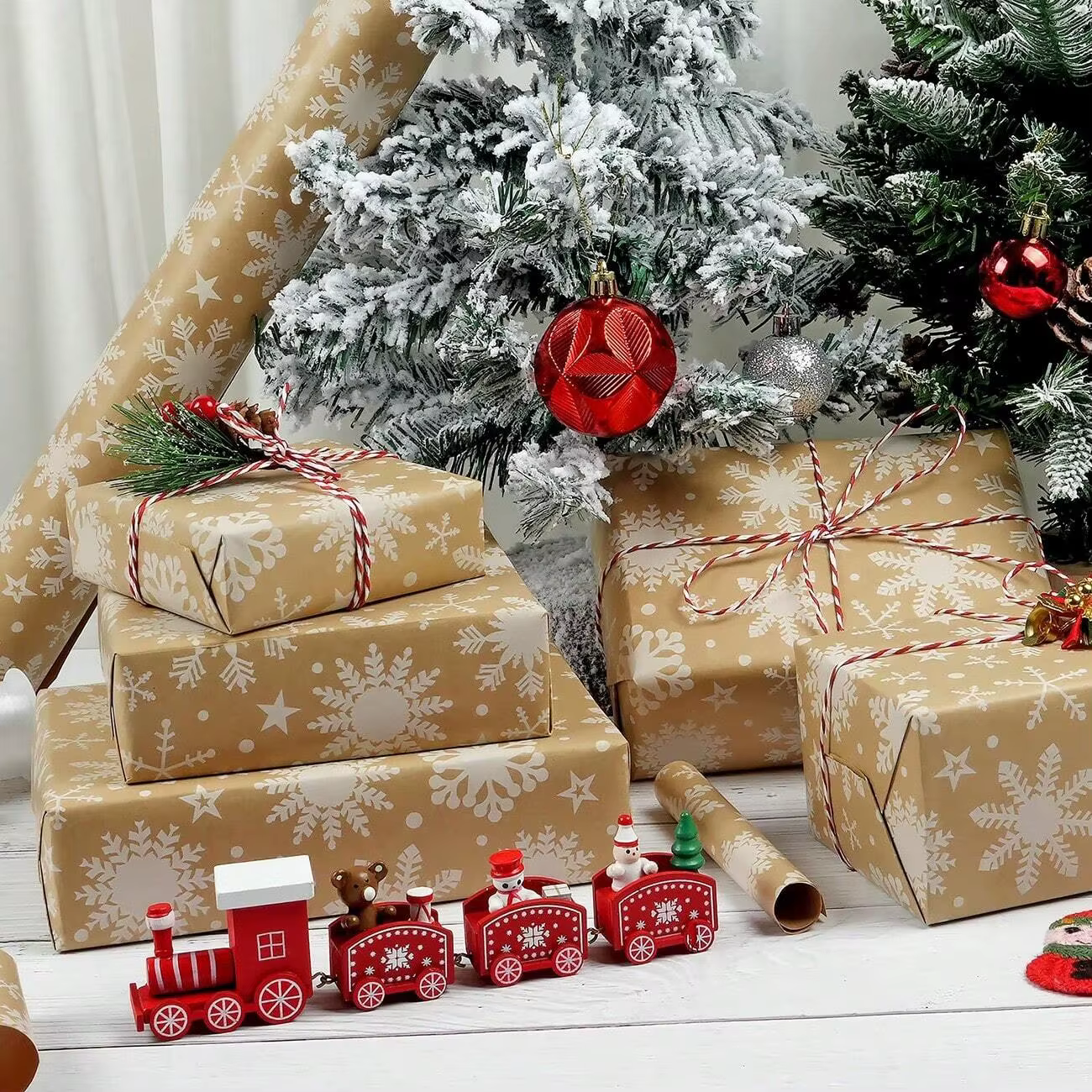 Papier d'emballage de Noël pour emballage cadeau, arbre de Noël, motif de flocon de neige, papier kraft rétro, mariage, anniversaire, décor de fête à la maison