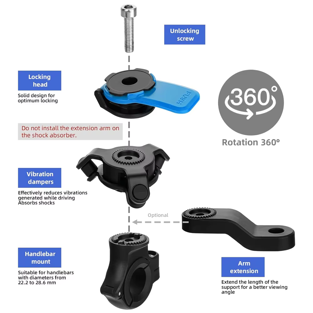 Support universel pour smartphone avec amortisseur de vibrations pour guidon de moto, vélo, scooter, quad, compatible avec les modèles Trottos