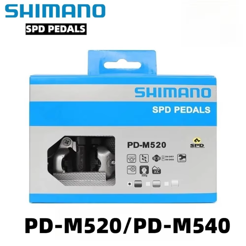 Pédales de vélo SHIMANO PD-M520 PD-M540 SPD professionnelles avec crampons multi-déclenchement SH56 pour VTT et cyclisme sur route - Argent Noir