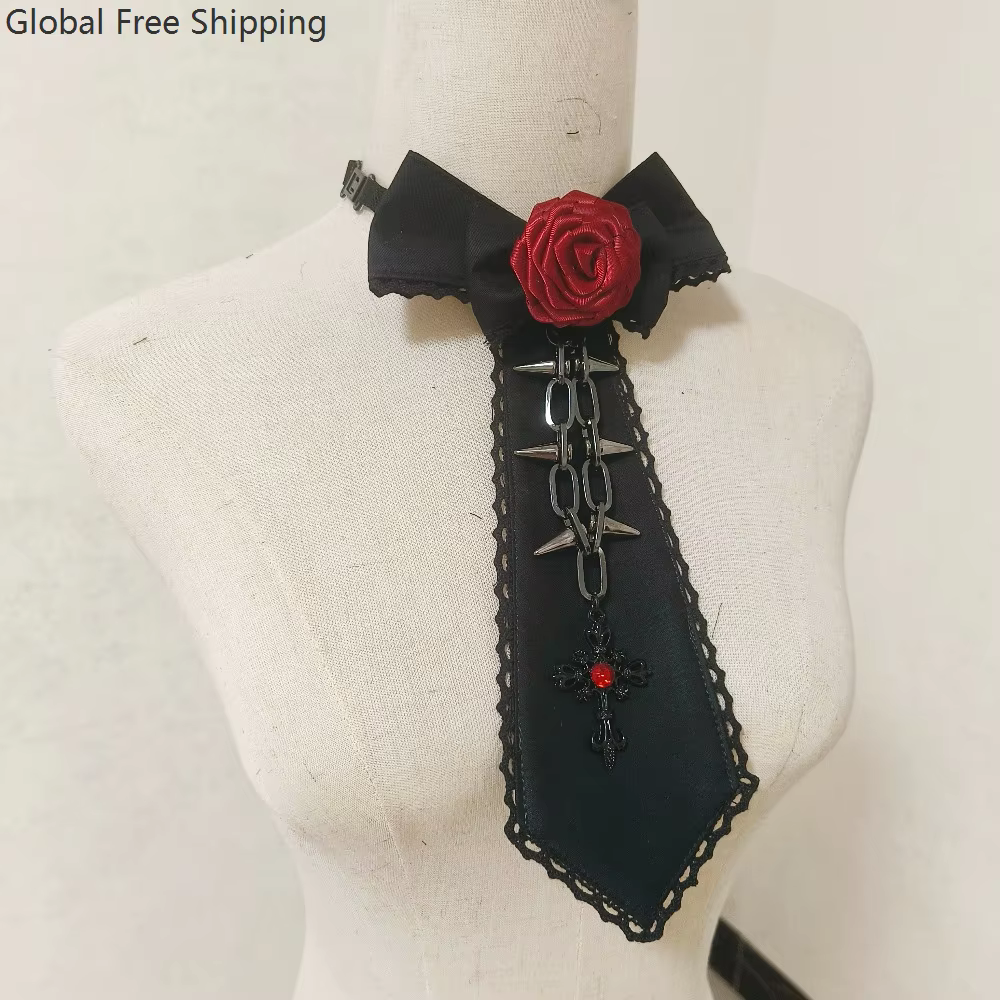 Cravate gothique lolita, cravate à rose, croix médiévale, accessoires de cosplay gothique, style punk pour femmes, col détachable, accessoire d'uniforme JK