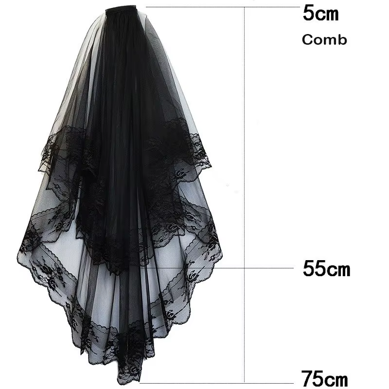 Voile de mariée d'Halloween pour femmes avec bord en dentelle, voile de mariée en tulle à 2 niveaux