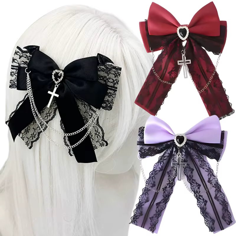 Barrette Gothique en Tissu avec Nœud, Dentelle et Chaîne Croisée, Accessoire Cheveux Vintage Romantique pour Femmes, Filles et Cosplay