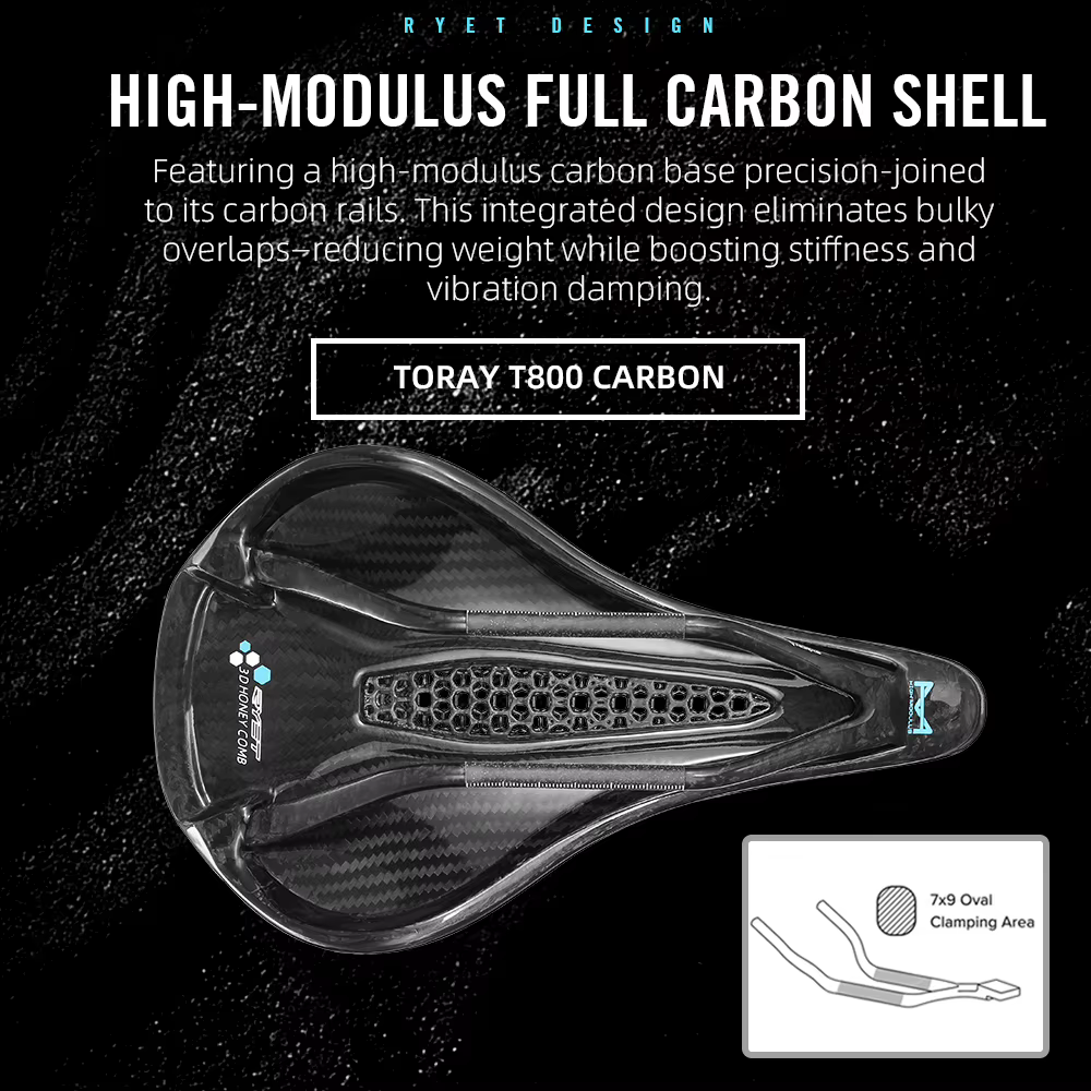 Selle de vélo RYET en carbone imprimée en 3D 145/155MM 190g 7*9 pour hommes et femmes