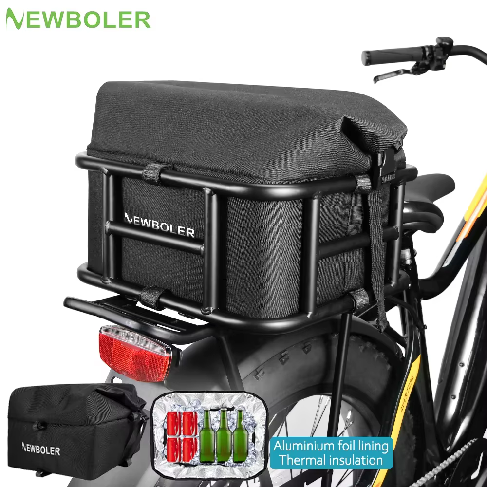 NEWBOLER Sac de porte-bagages pour vélo électrique, panier de vélo en fer grande capacité, paniers de porte-bagages arrière pour voyages en plein air, shopping, VTT, vélo de route