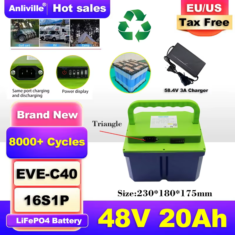 Nouvelle batterie LiFePO4 48V 20Ah, EVE-C40 16S1P, 8000+ cycles, pour moteur 1500W, scooter électrique, voiturette de golf, moto, bateau, conception portable