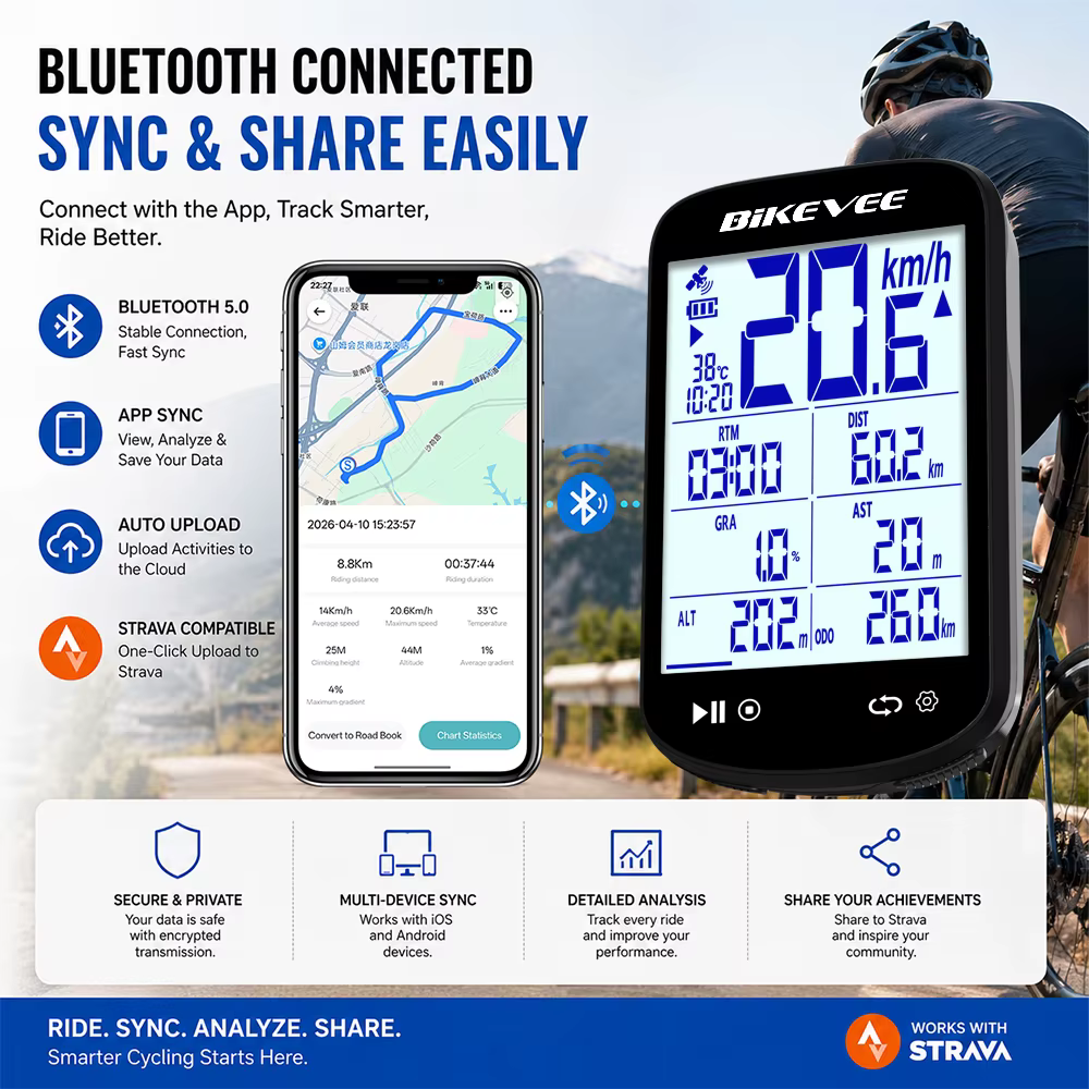 Ordinateur de vélo intelligent multifonctionnel sans fil Bluetooth GPS avec écran LCD grand format de 2