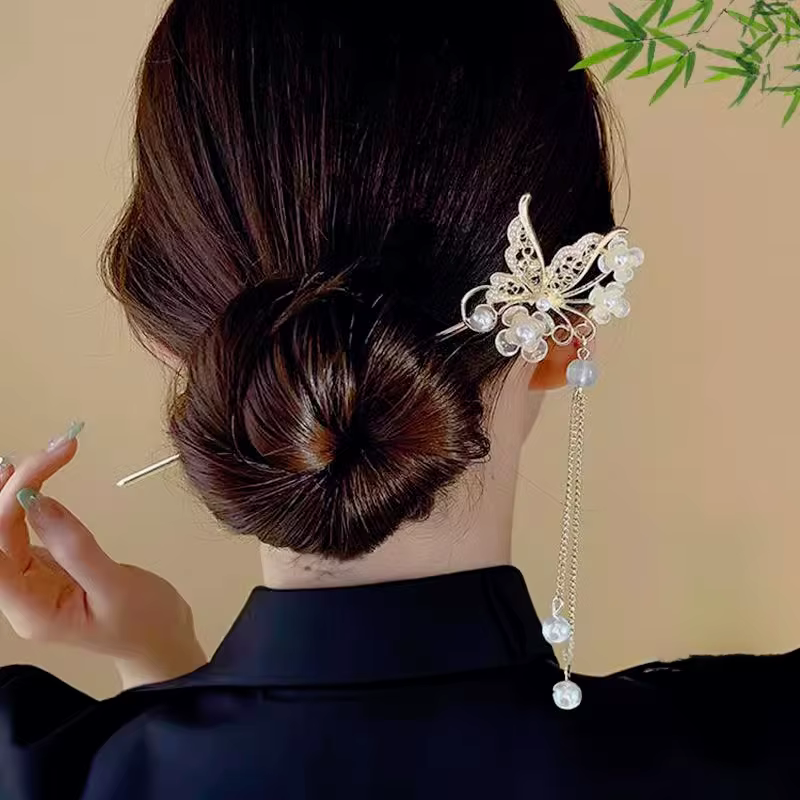 Pince à cheveux élégante de Style chinois, bâton à pompon, Design Floral traditionnel, accessoire de coiffure, bijoux pour femmes, épingle à cheveux