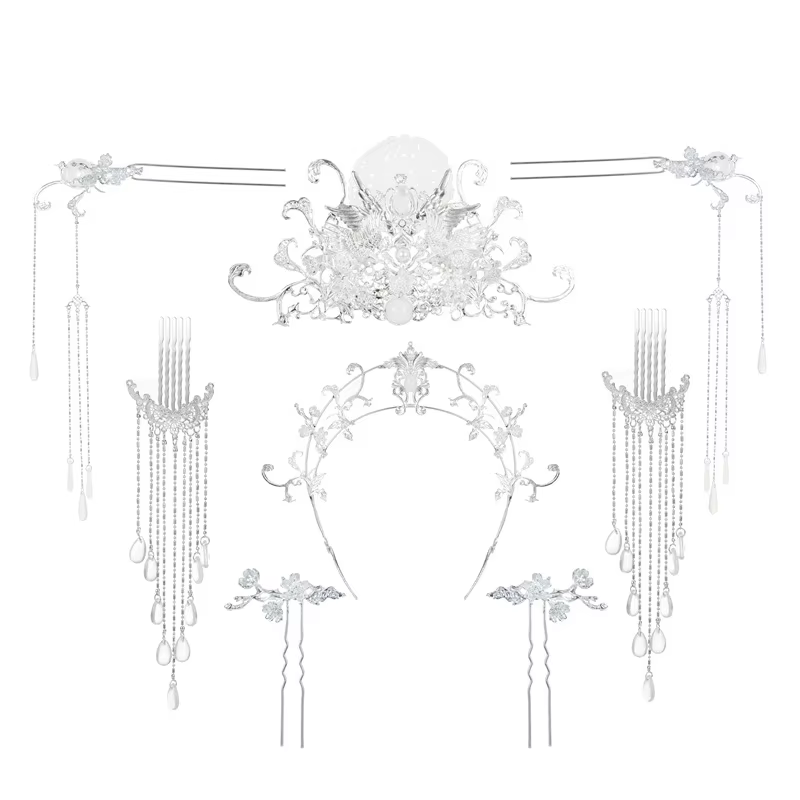Accessoire de cheveux rétro de style traditionnel pour femme, ensemble de coiffes, couronne à longues pampilles et accessoires Hanfu, accessoires de fête de mariage