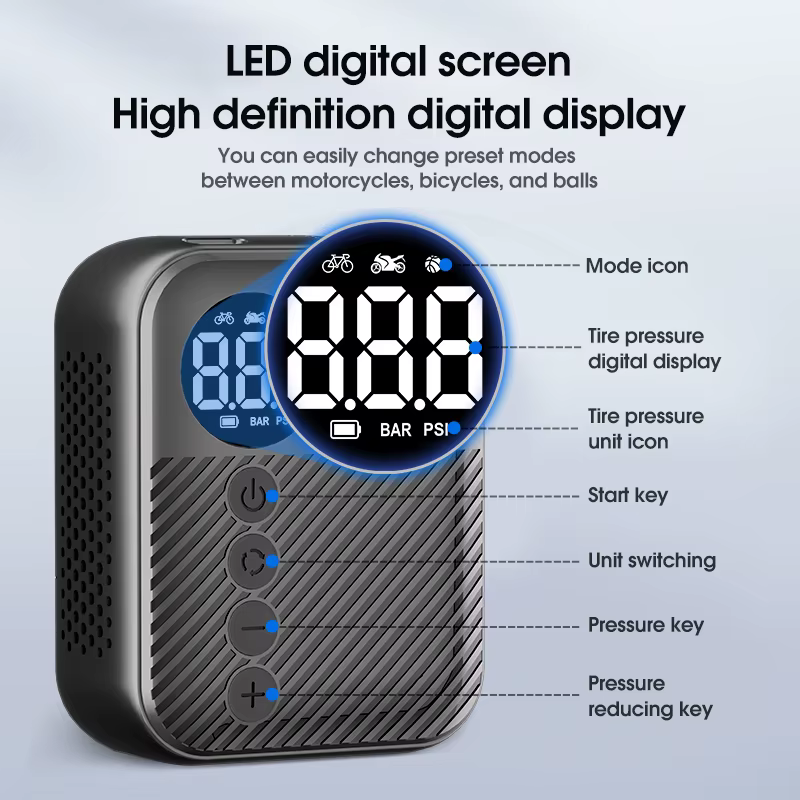 Gonfleur de pneus portable, mini compresseur d'air électrique 150 PSI avec manomètre numérique, arrêt automatique, pompe à pneus rechargeable pour vélo et voiture