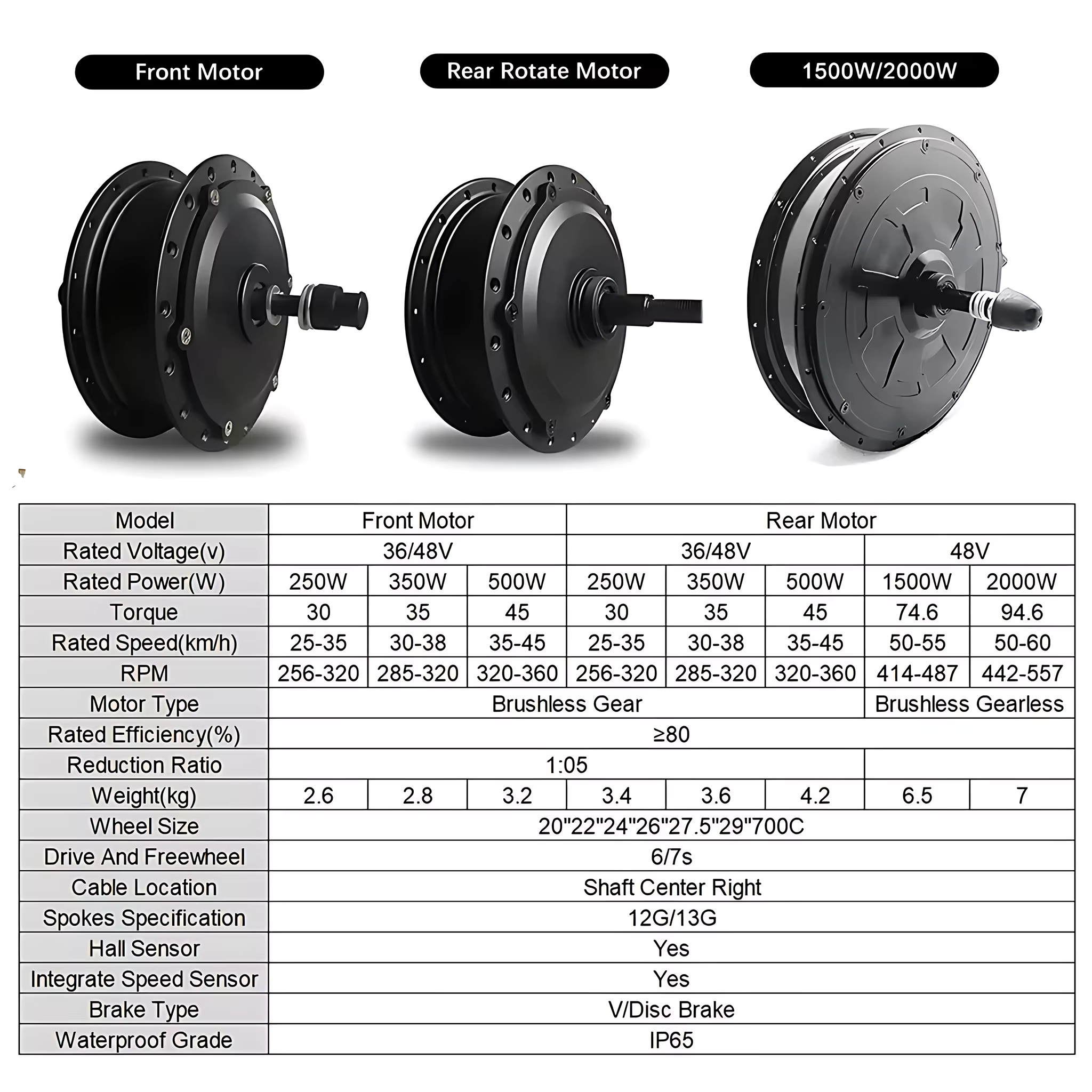 Moteur de roue de vélo électrique 20-29 pouces avec 36V 48V 250W 350W 500W