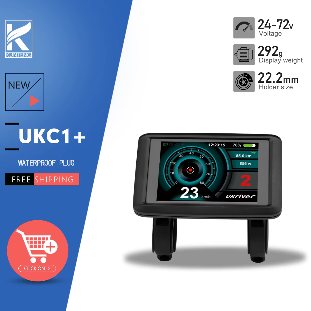 Écran d'affichage pour vélo électrique UKC1+ avec prise SM/étanche 24V/36V/48V/60V/72V compatible avec le contrôleur JN