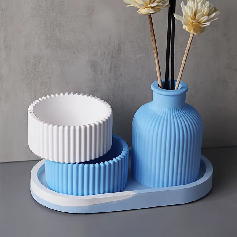 Moule multifonctionnel en silicone à rayures rondes pour pots à bougies, boîtes de rangement, porte-crayons et vases