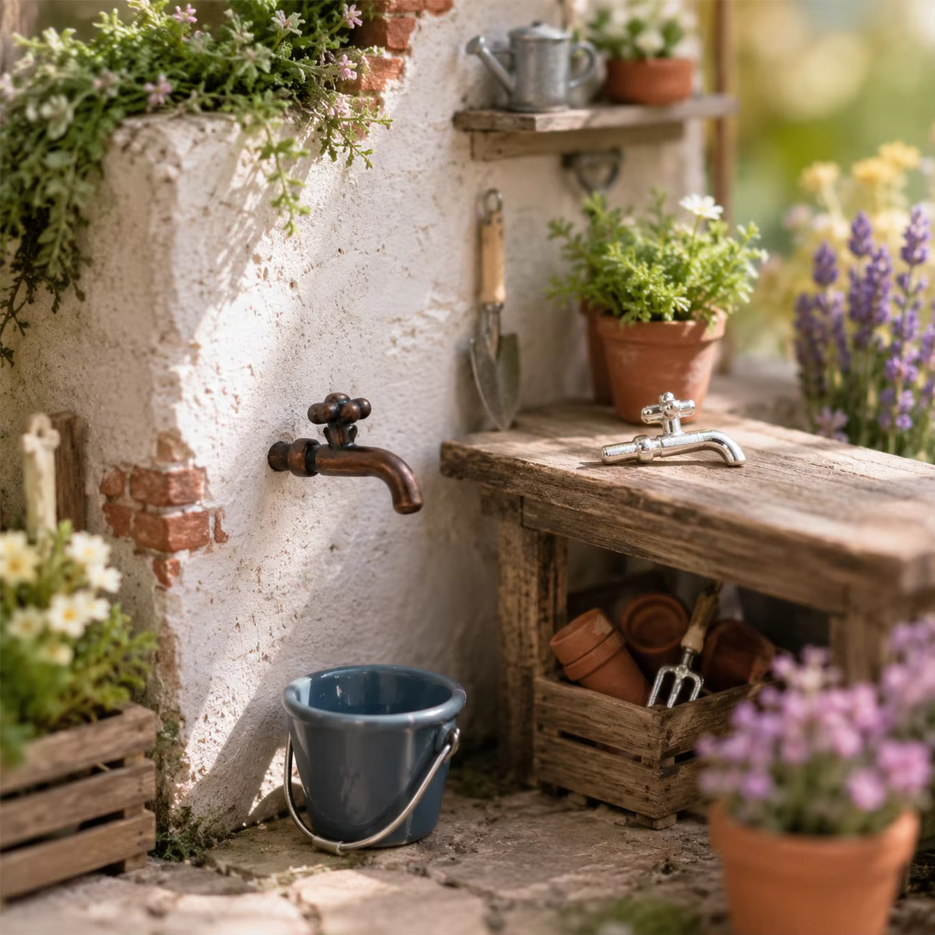 Ensemble mini robinet et petit seau pour maison de poupée, accessoires de fontaine d'eau pour jardin extérieur, décorations miniatures pour aménagement paysager