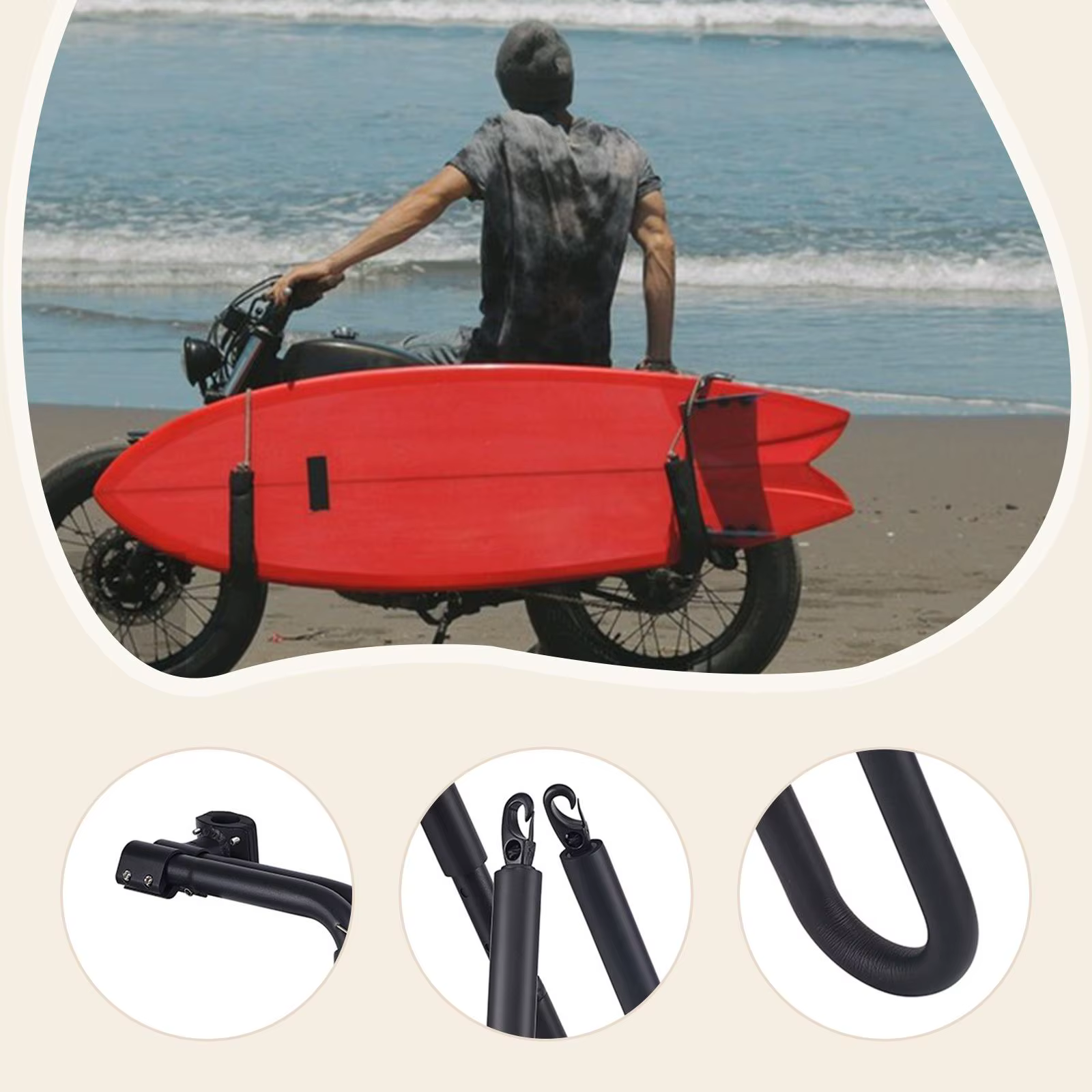 Support de vélo pour planche de surf en aluminium noir – Fixation robuste pour des sorties de plage sûres et faciles