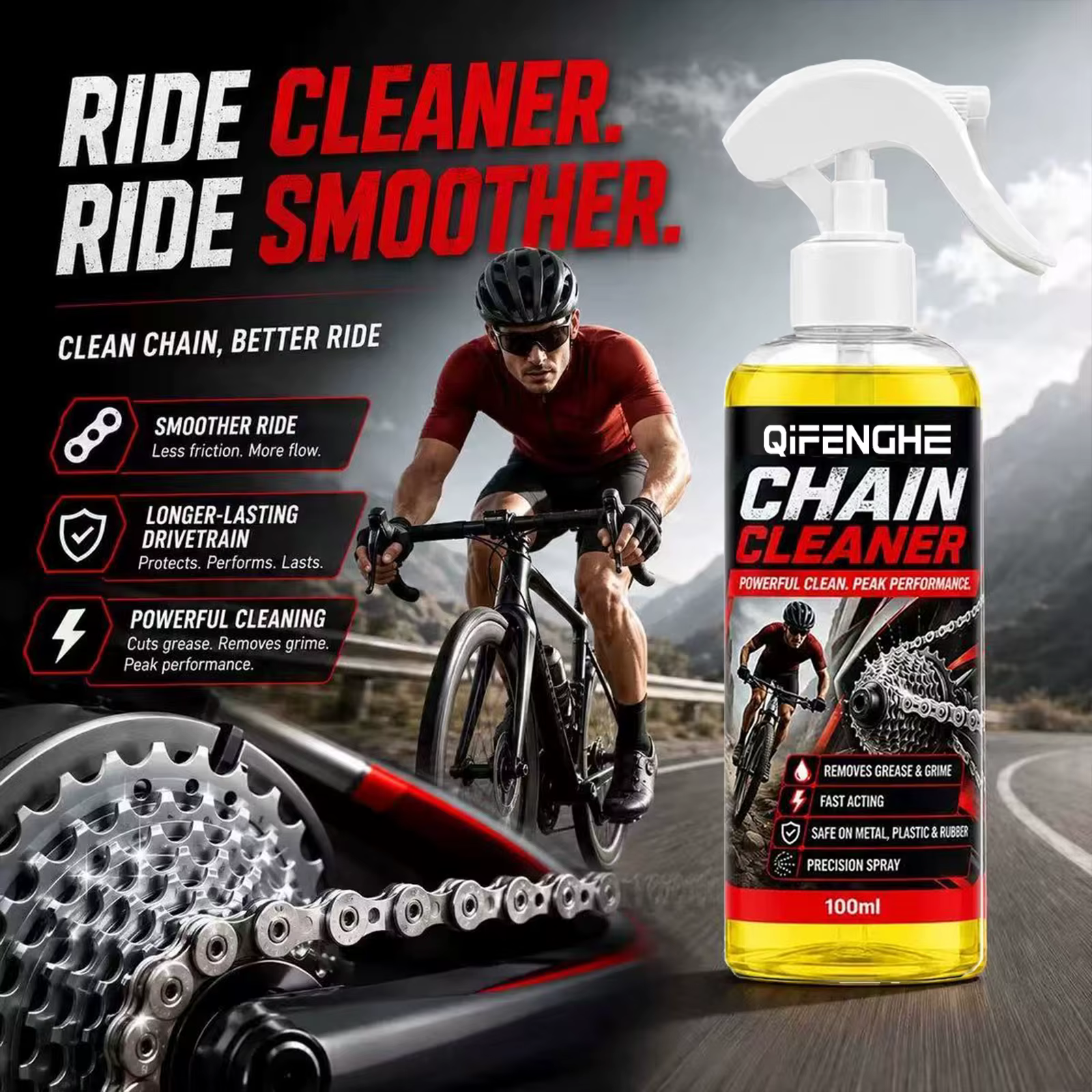Nettoyant pour chaîne de vélo en spray 100 ml, dégraissant à action rapide pour chaînes de vélo, sans danger pour le métal, le caoutchouc et le plastique, élimine la graisse et la saleté
