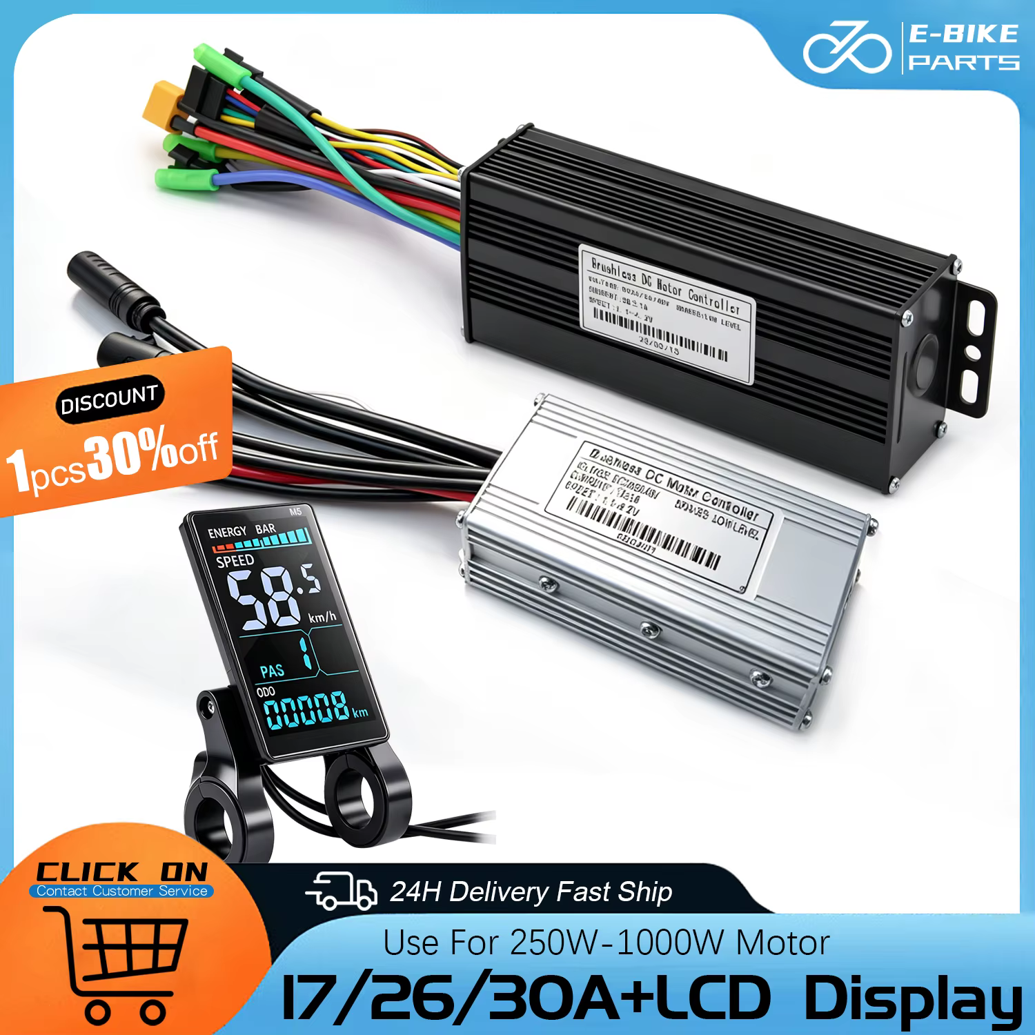 Contrôleur de moteur sans balais à onde sinusoïdale pour vélo électrique 24/36/48V 250W-1000W 17A 26A 30A avec écran