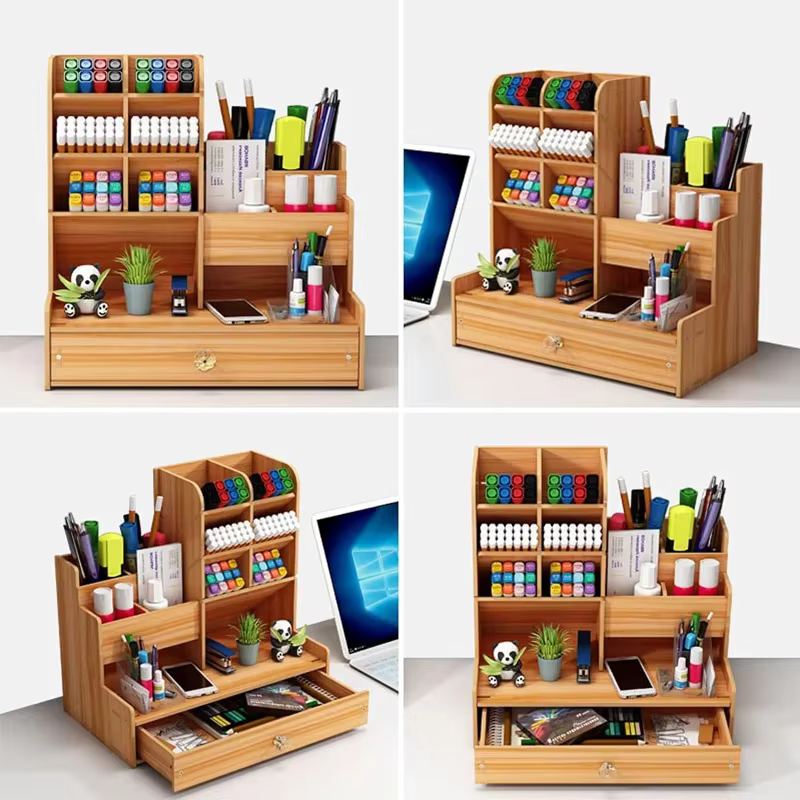 Organisateur de bureau en bois DIY, porte-stylos de bureau, boîte de rangement de papeterie grande capacité avec tiroir pour la maison, le bureau et l'école