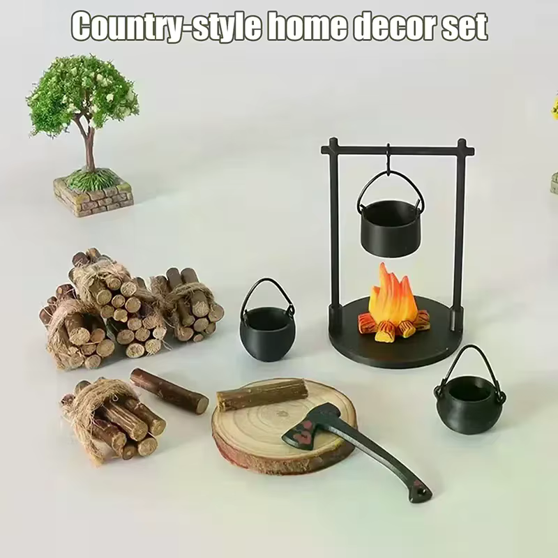 Feu de camp et théière miniatures, décorations de Sculpture miniatures modernes sur le thème fantastique, accessoires artisanaux de bricolage pour la maison et la cuisine