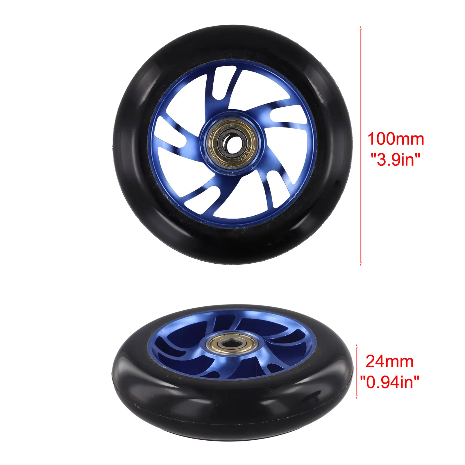 2 roues de trottinette acrobatique bleues de 100 mm avec moyeu en alliage d'aluminium