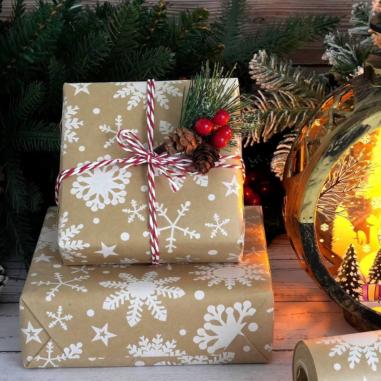 Papier d'emballage de Noël pour emballage cadeau, arbre de Noël, motif de flocon de neige, papier kraft rétro, mariage, anniversaire, décor de fête à la maison