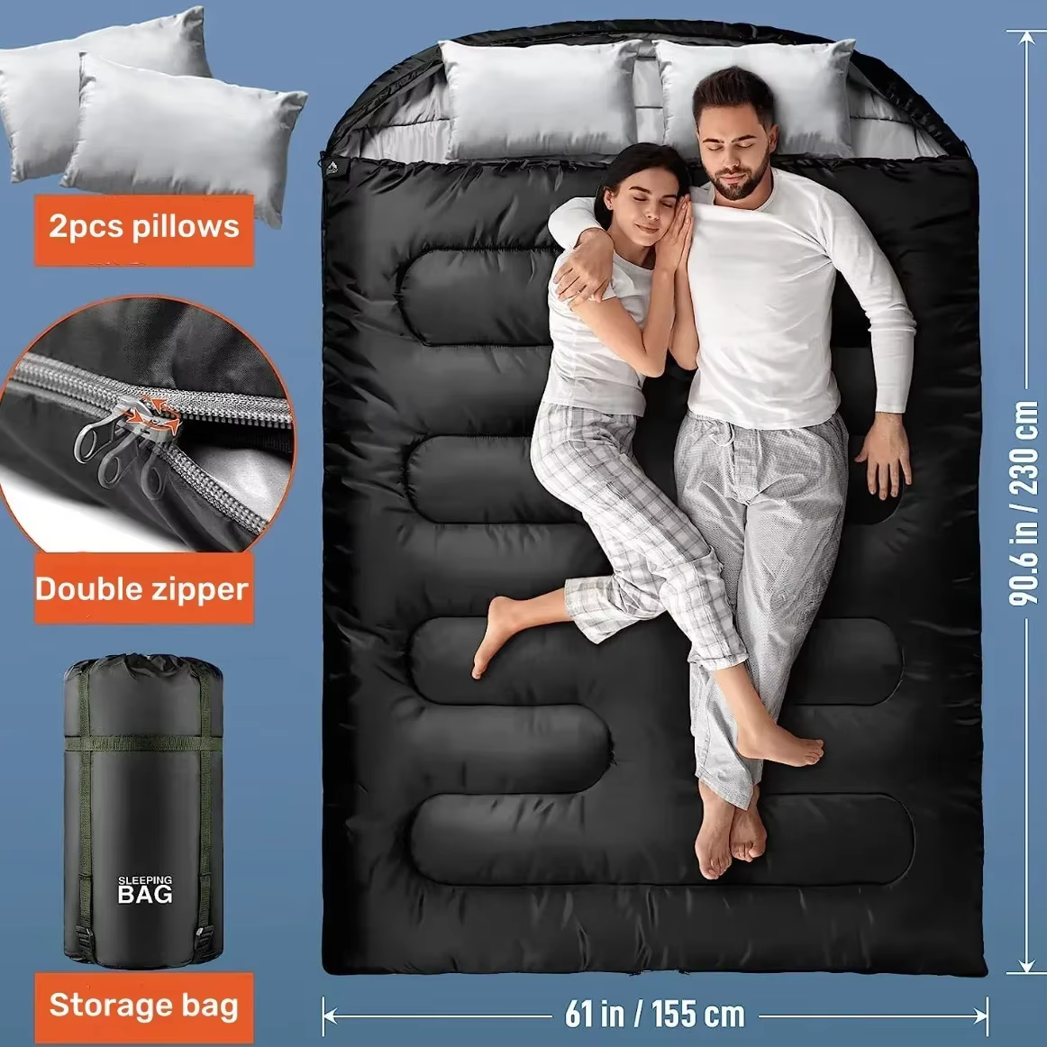 Sacs de couchage doubles pour deux adultes, avec oreiller, toutes saisons, temps froid, maintien au chaud