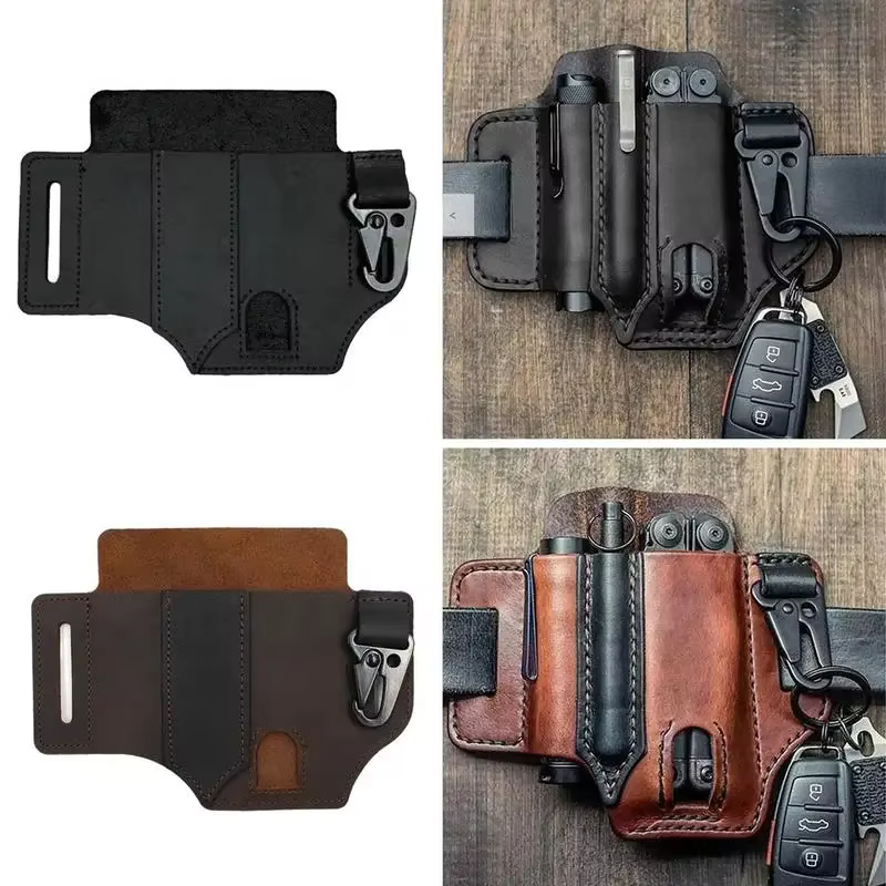 Gaine en cuir pour maroquinerie, multi-outils, organisateur de poche EDC, pochette pour couteau tactique de chasse, lampe de poche, outil de Camping en plein air