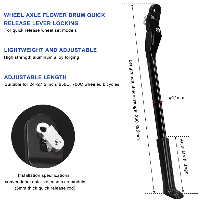 RIDERACE béquille de vélo réglable pour vtt VTT séjour en alliage d'aluminium support de stationnement arrière latéral