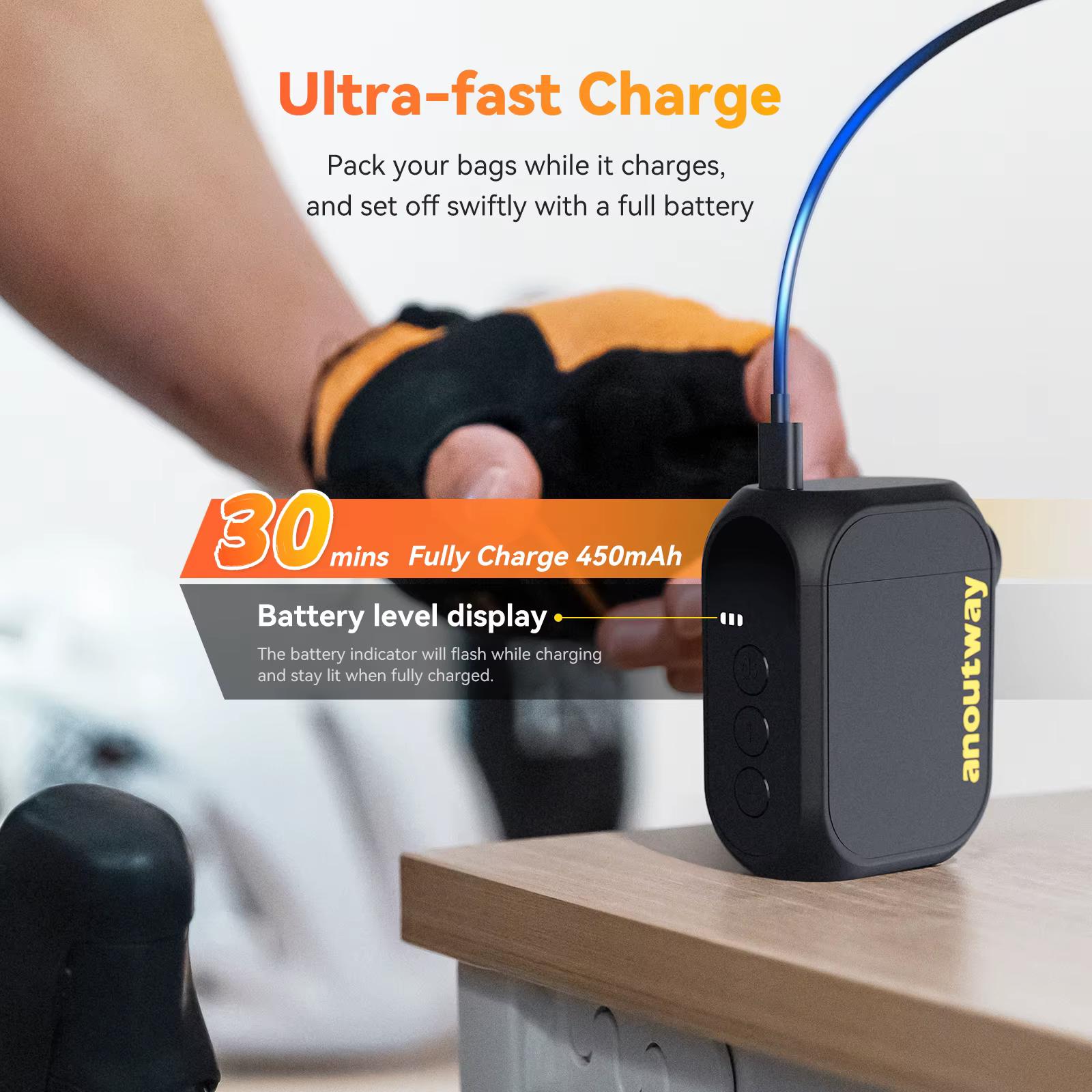 Anoutway AT1 Pro Mini pompe électrique pour vélo gonfleur de pneus sans fil avec écran 25 minutes charge rapide 120PSI Max 450mAh batterie