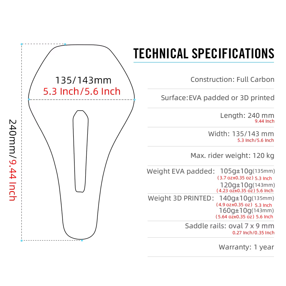 Selle de vélo en carbone 3D RYET X15 240*135/143mm