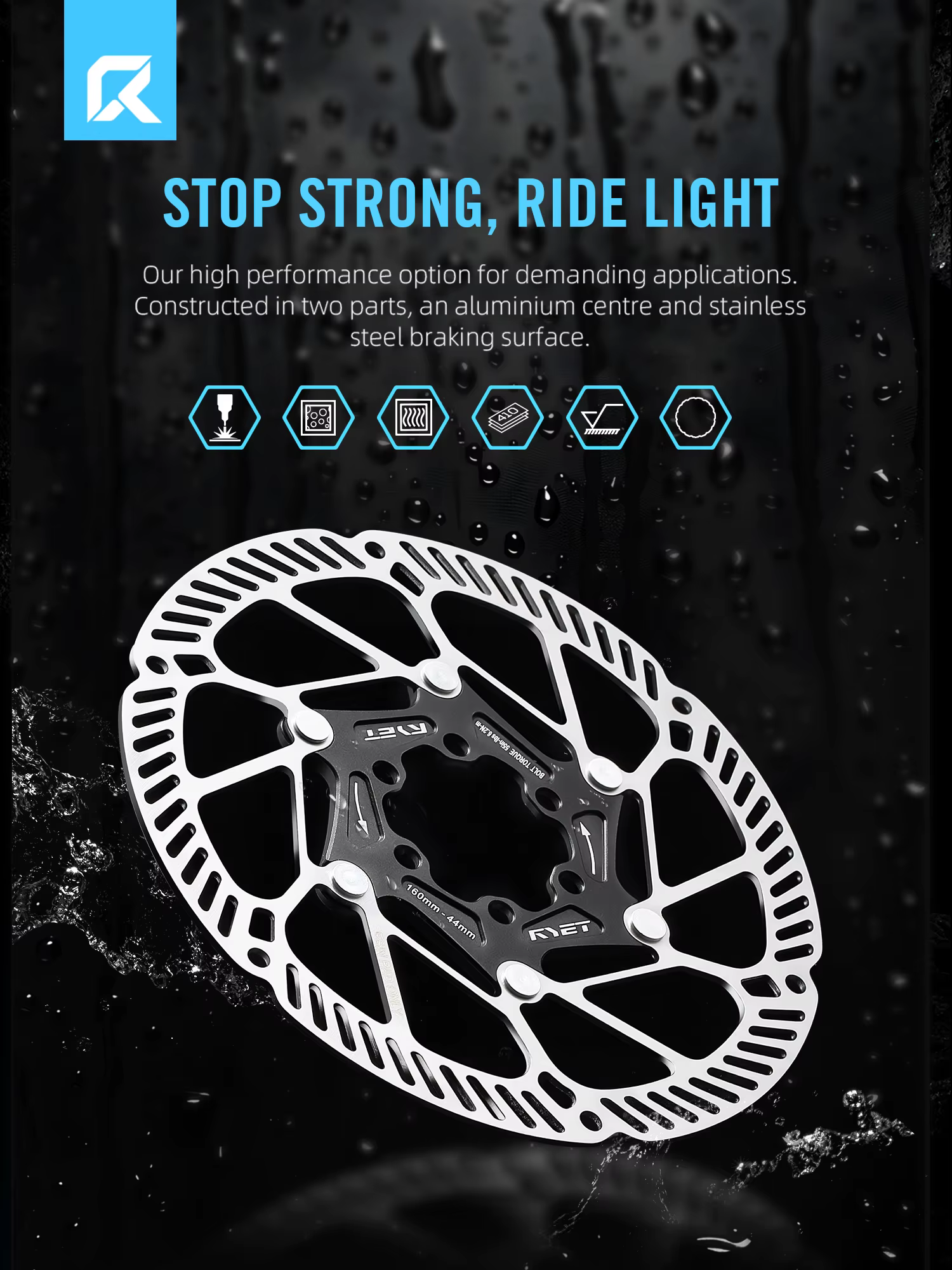 RYET Rotor de disque de vélo flottant ultraléger 140mm 160mm - 6 boulons et verrouillage central en acier inoxydable