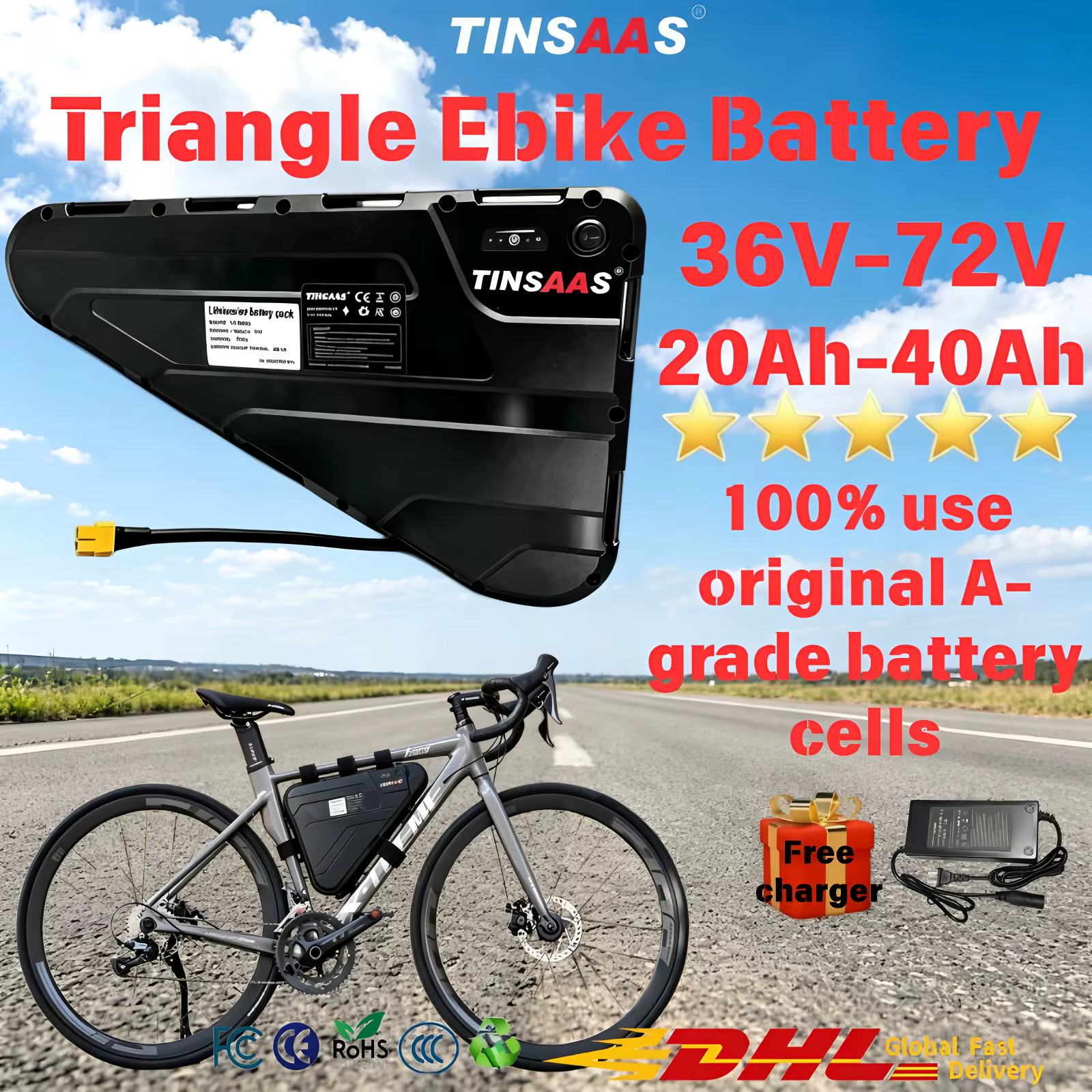 Batterie triangulaire pour vélo électrique 21700, cellules 36V 48V 52V 60V 72V, adaptée au cyclisme longue distance, pour moteurs 250W-3000W
