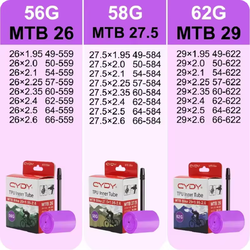 Chambre à air de vélo VTT CYDY TPU ultralégère 29 26 27.5 29x1.95 2.0 2.1 2.2 2.3 2.4 2.5 2.6 Pneu
