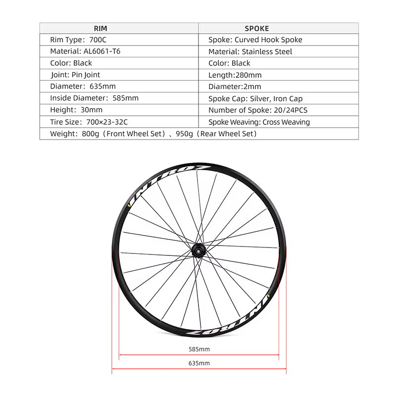 POLSO 700C - Jeu de roues de vélo à pignon fixe 20/24H en alliage d'aluminium avec frein à étrier