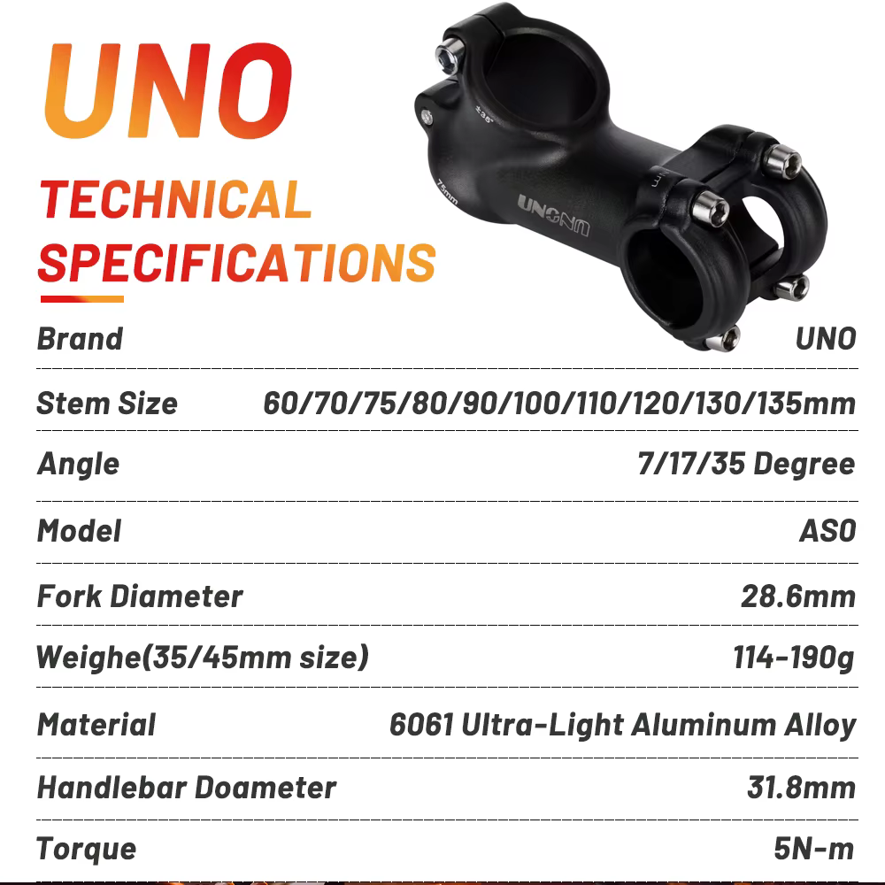 Tige de vélo UNO vtt-7 17 35 degrés en alliage d'aluminium ultraléger 31.8mm 60 70 80 90 100 110 120 130mm