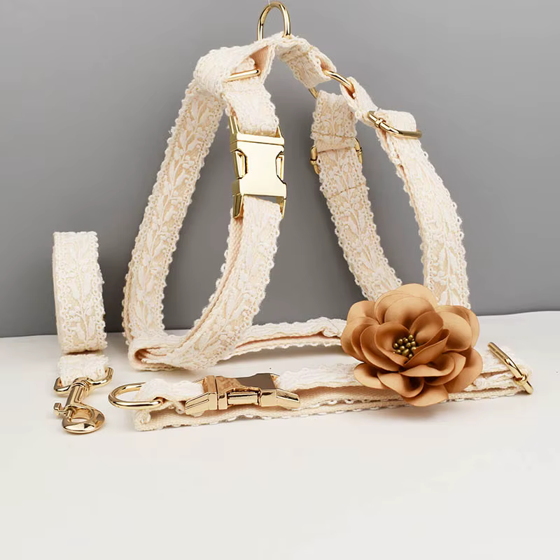 Collier pour chien en dentelle personnalisé avec plaque gravée sur mesure, collier de mariage pour animaux de compagnie, harnais pour chiens, accessoires pour chiens, dentelle de luxe 03