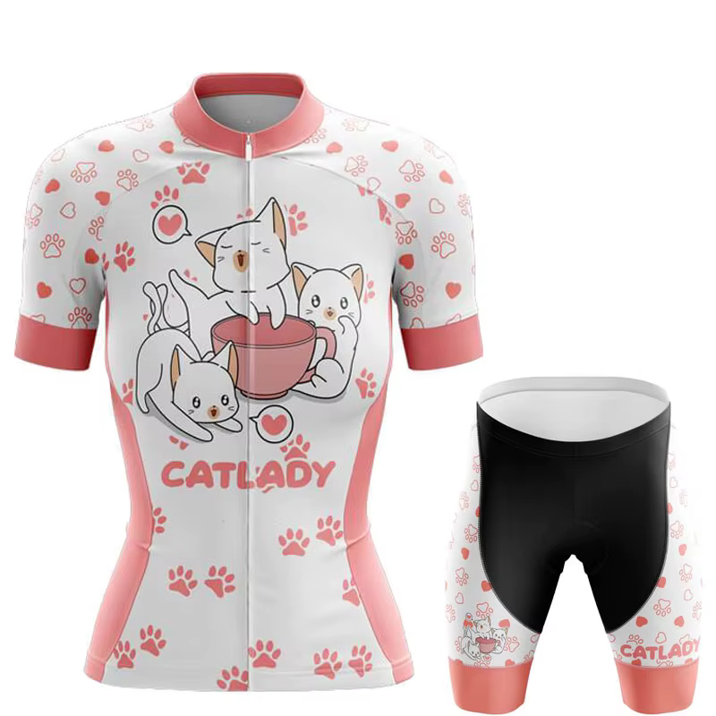 Ensemble de maillot de cyclisme pour femmes 2026 – Tenue de vélo amusante avec motif chat de dessin animé – Vêtements