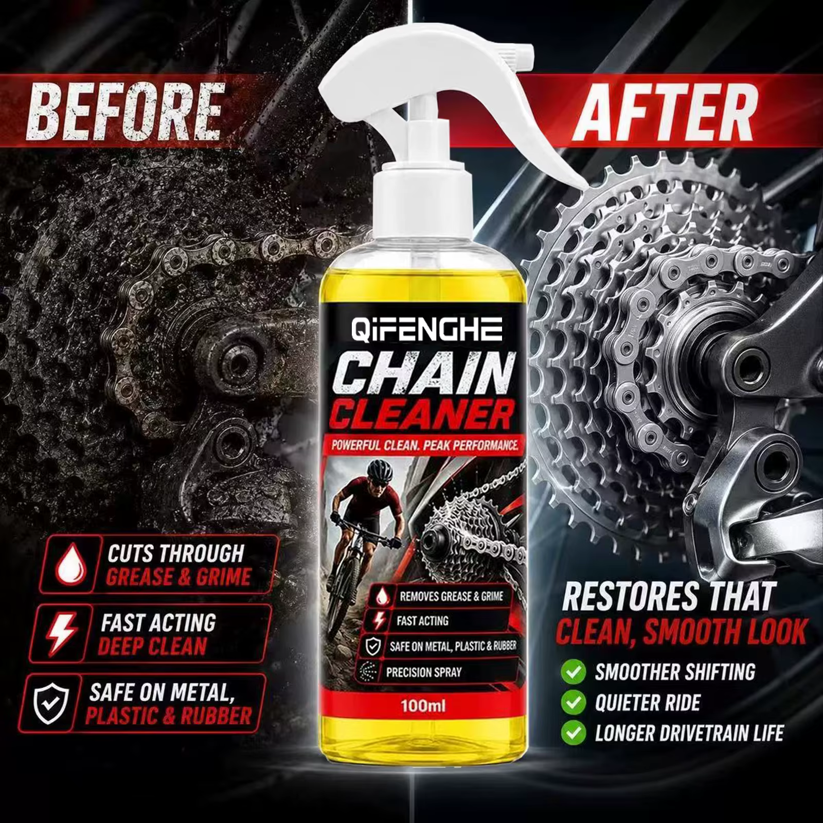 Nettoyant pour chaîne de vélo en spray 100 ml, dégraissant à action rapide pour chaînes de vélo, sans danger pour le métal, le caoutchouc et le plastique, élimine la graisse et la saleté