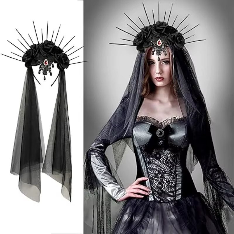 Couronne halo gothique, bandeau fleuri, voile noir. Accessoire de couronne Sunburst Spike pour dames, accessoire de cheveux pour costume d'Halloween