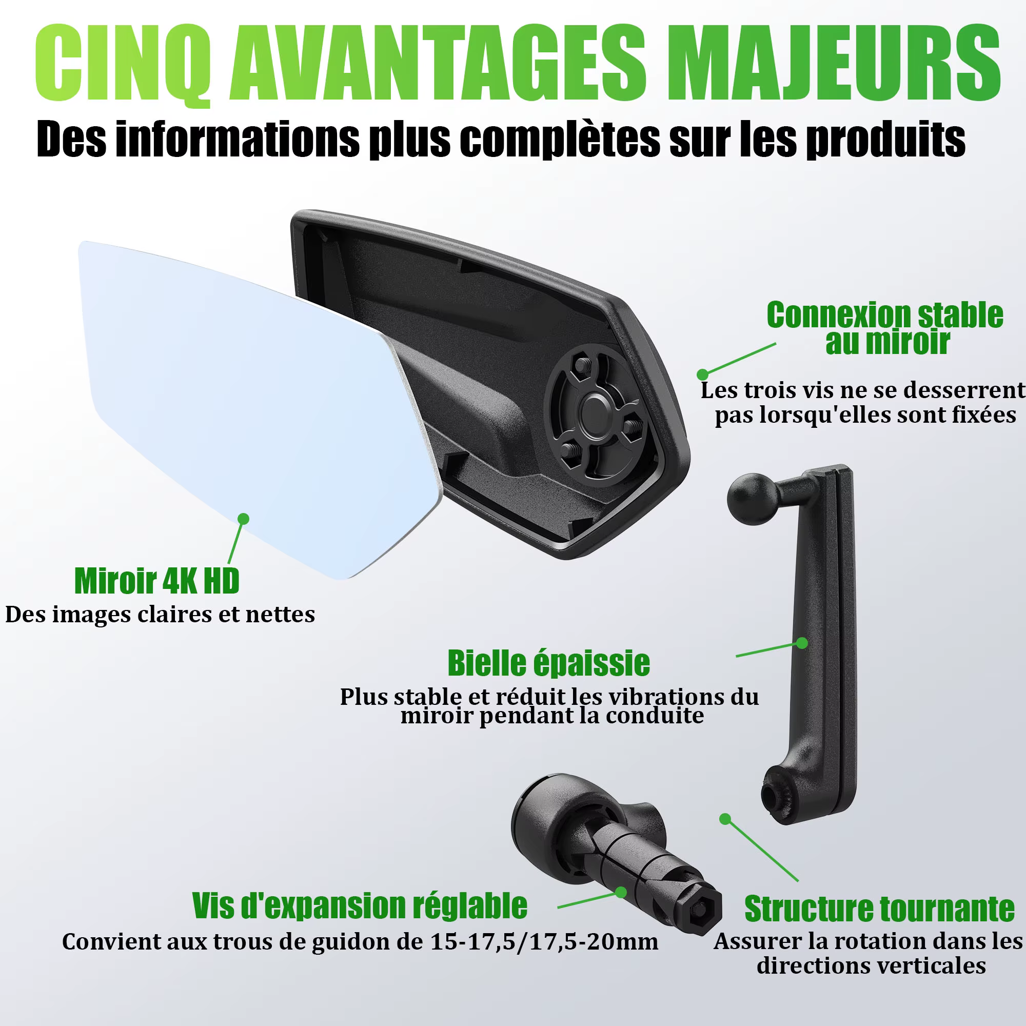 RBRL rétroviseur de vélo vtt guidon fin miroir HD grand Angle étendu Durable