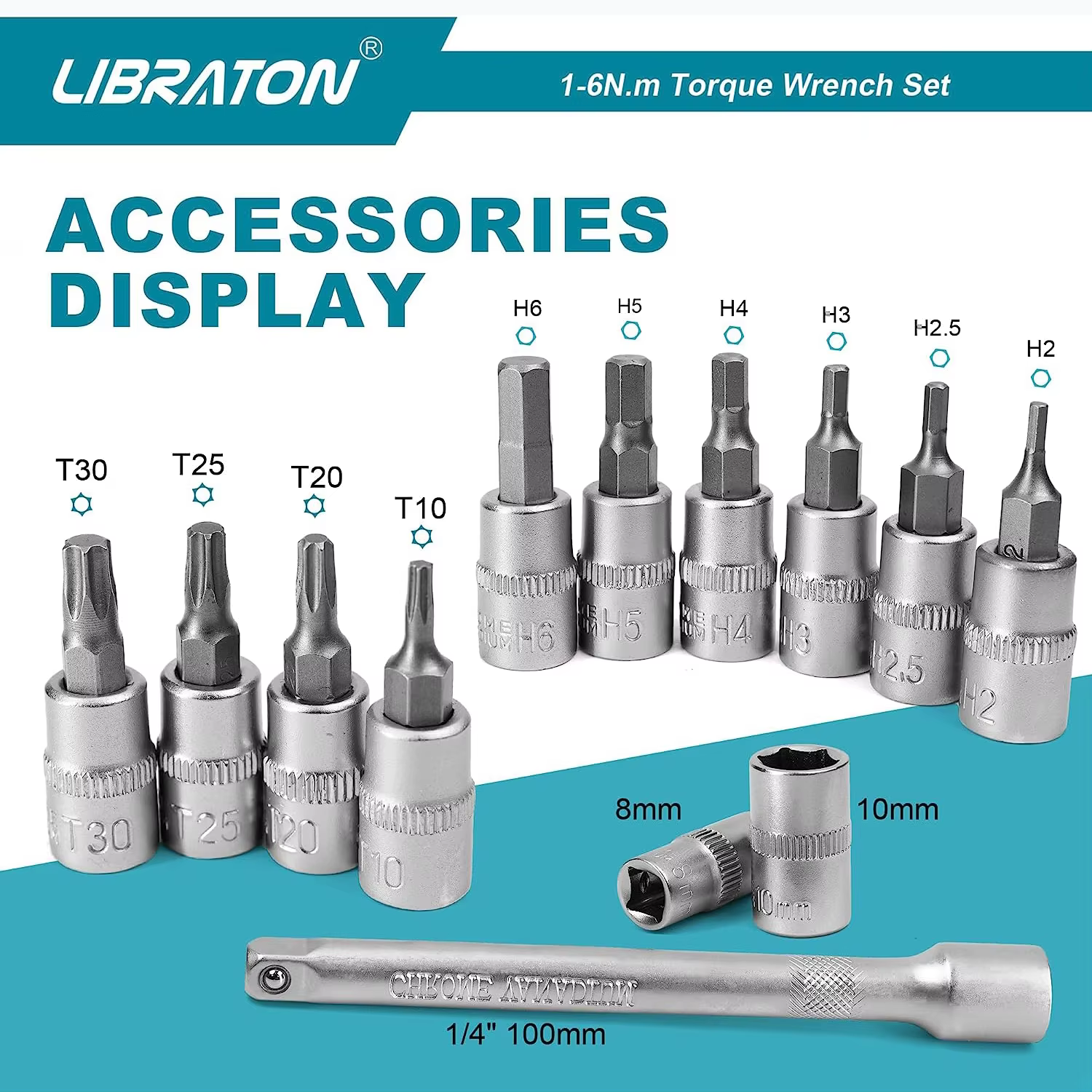 Clé dynamométrique pour vélo 1/4 ''1-6Nm, 0.05 Nm Micro, jeu de clés dynamométriques à clic d'entraînement, douilles hexagonales Torx/étoile, barre d'extension
