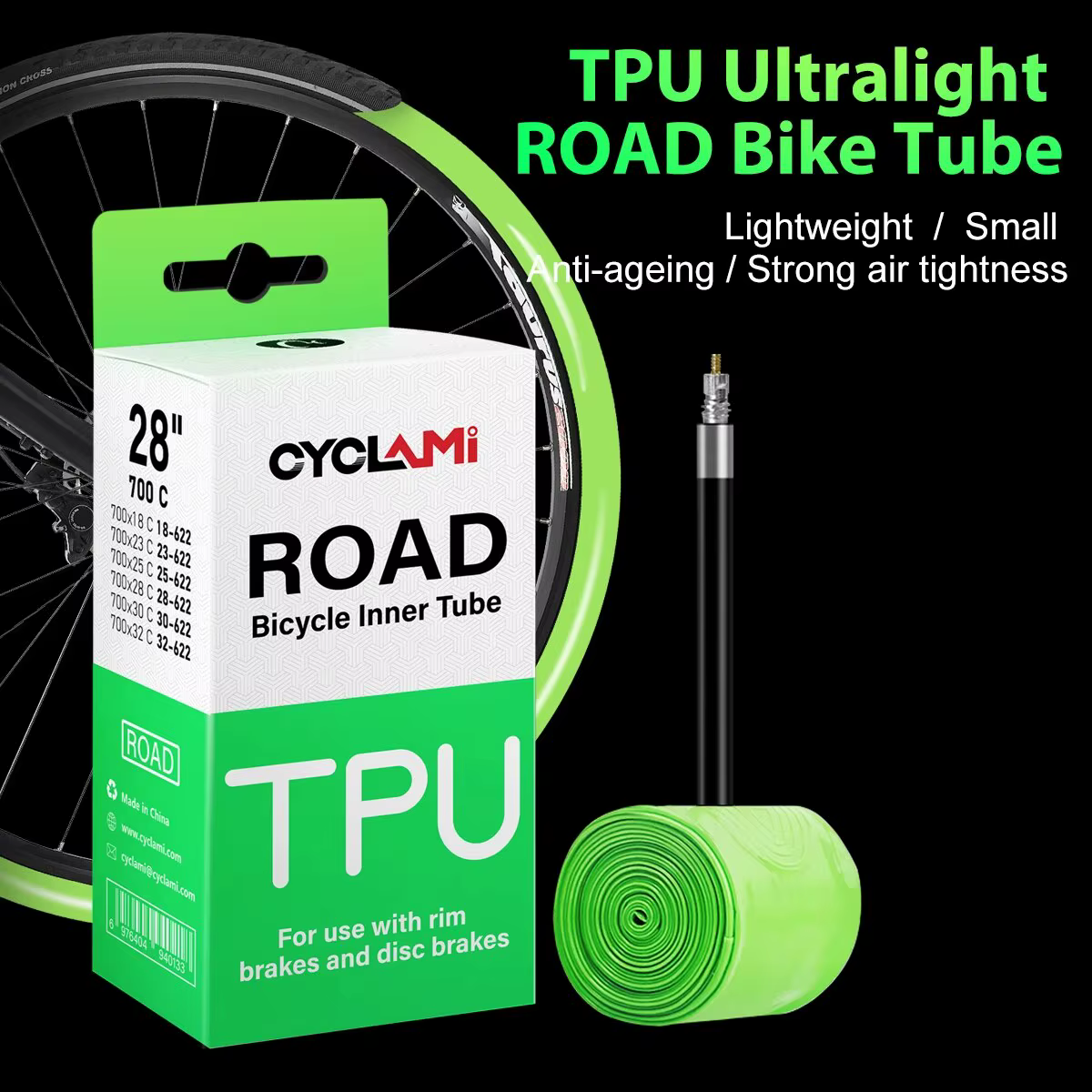 Chambre à air de vélo CYCLAMI ultralégère 30g en TPU pour pneu