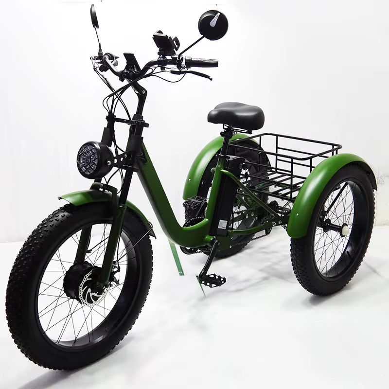 Tricycle électrique 750W, 24 pouces, 7 vitesses, pneus larges, batterie lithium 48V18AH, tricycle cargo robuste pour adultes, capacité 200 kg
