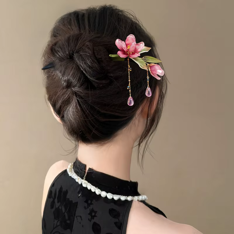 Épingle à cheveux florale de Style chinois, pompon de fleur rose, accessoire de cheveux élégant Hanfu traditionnel rétro pour femmes, fête quotidienne