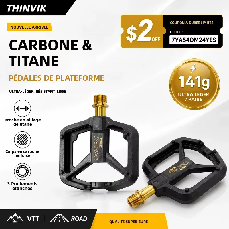THINVIK Pédales de vélo plates ultralégères en fibre de carbone 141g avec axe en titane 3 roulements plateforme plate antidérapante pour vélos de route VTT