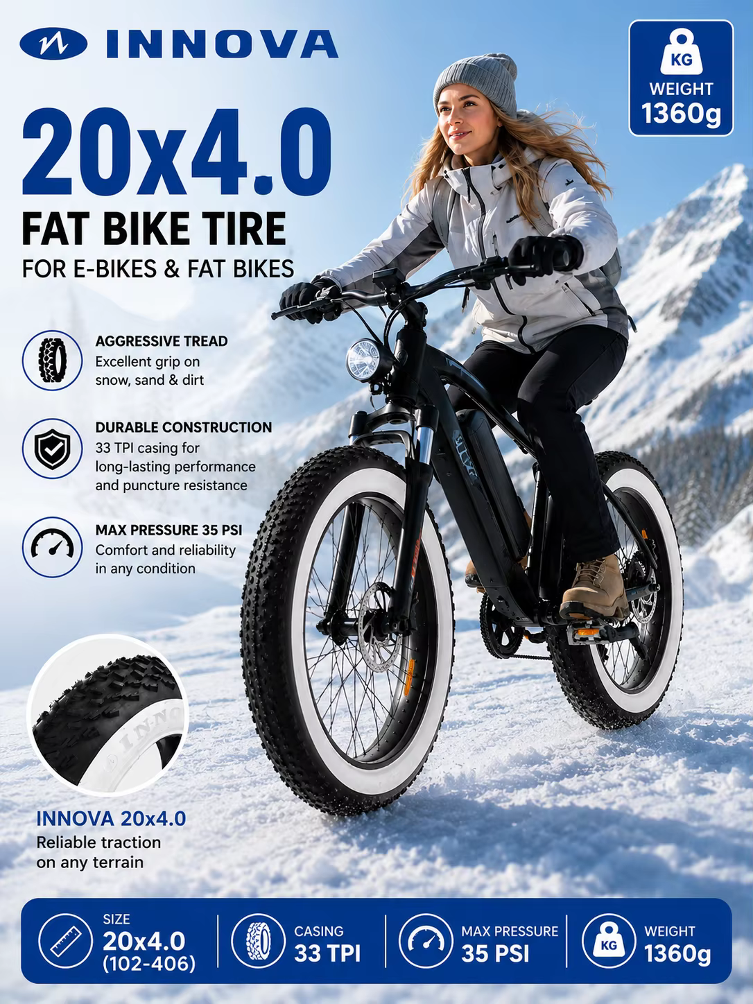 Pneu de vélo électrique INNOVA LV-1003 20x4.0 Fat Bike avec chambre à air