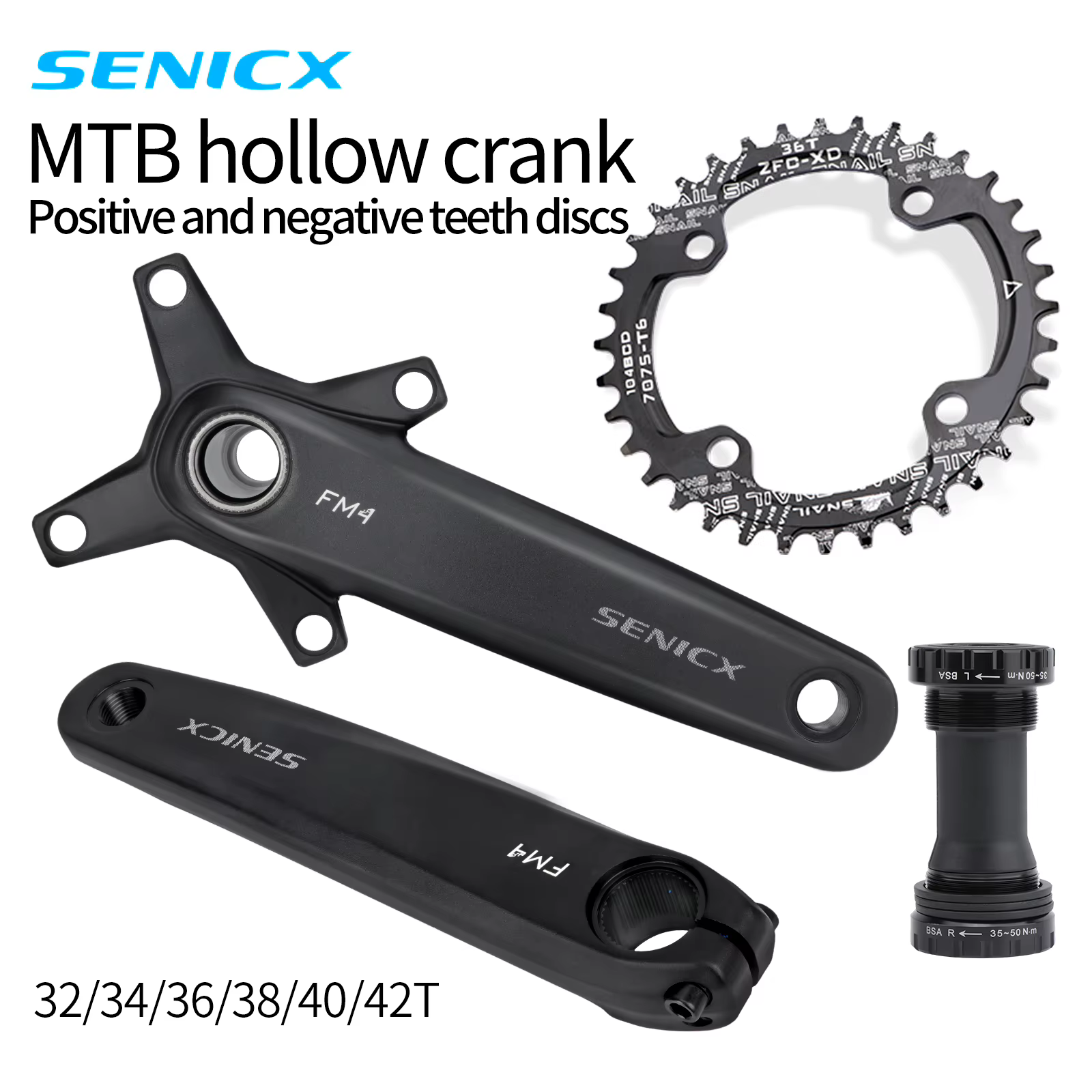 SENICX pédalier de vélo 170mm 104BCD chaîne unique 32T/34T/36T/38T/40T/42T 8/9/10/11/12 vitesses manivelle creuse